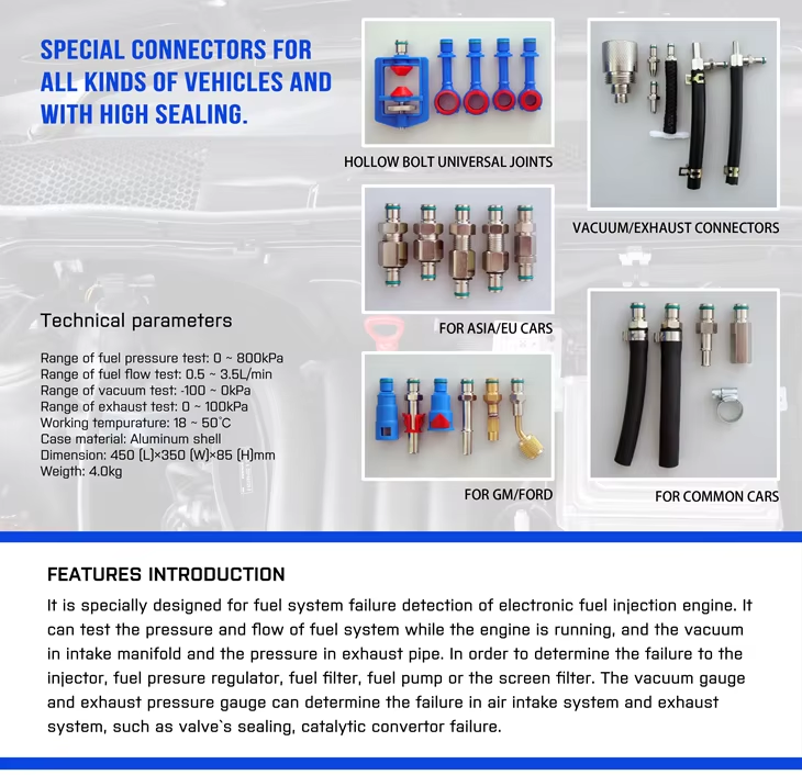 Комплект инструментов для комплексного тестерного прибора для измерения давления и расхода топлива в топливной системе автомобиля